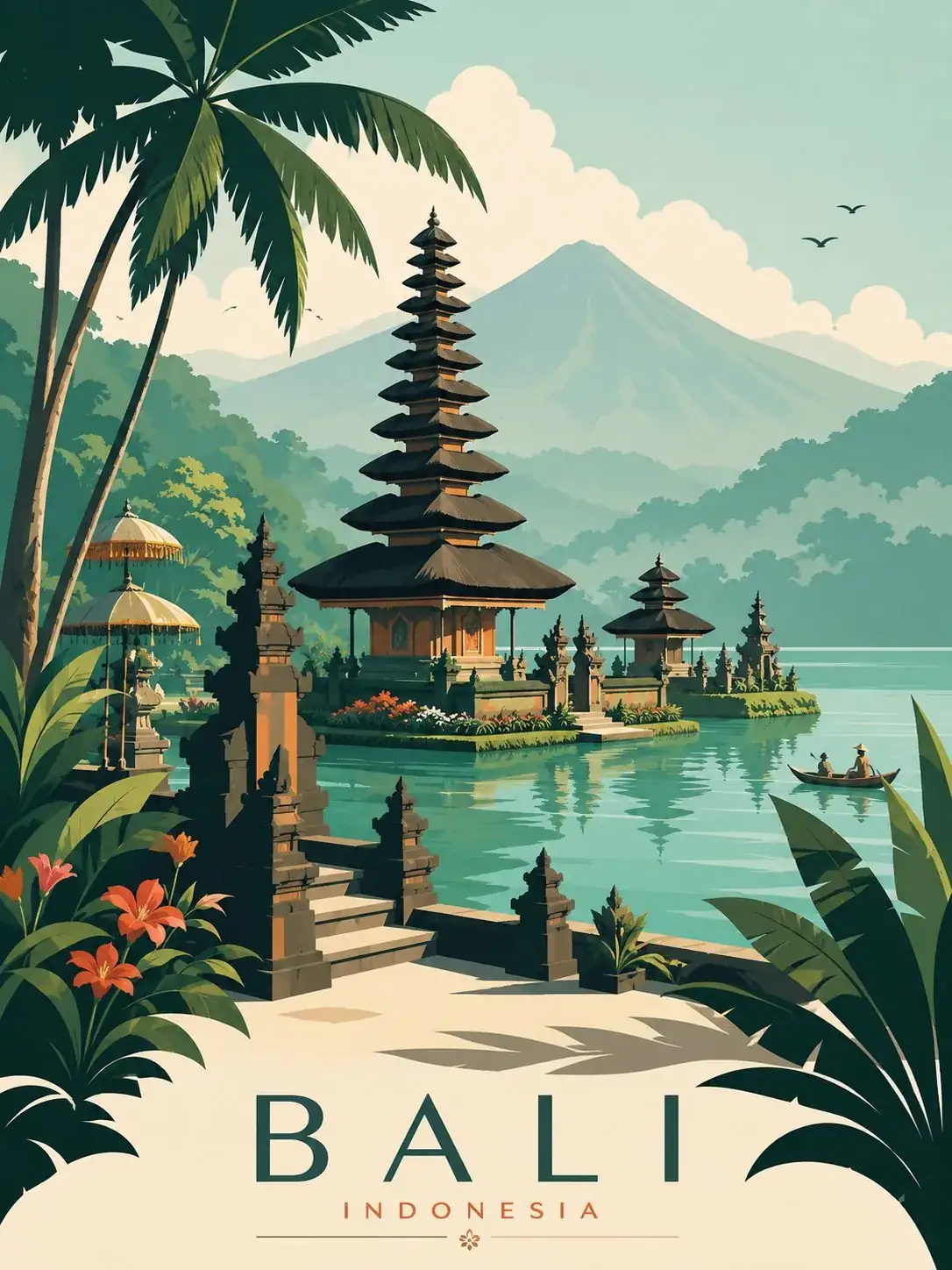 极简主义巴厘岛复古旅行海报插画 prompt cover 2